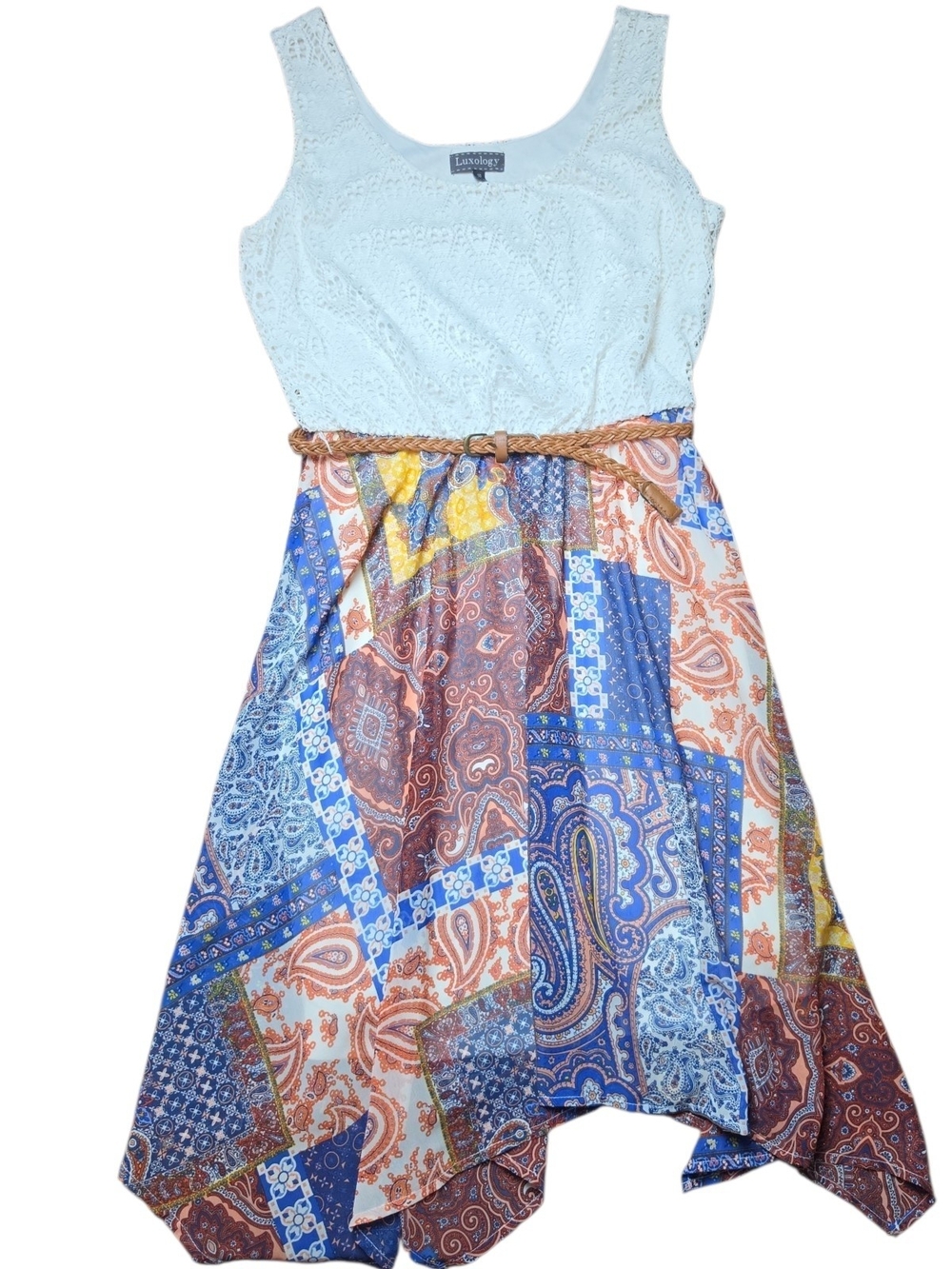 LUXOLOGY | Boho Patchwork Paisley Handkerchief Hem Sleeveless Dress Belted | 10 - Picture 2 of 7